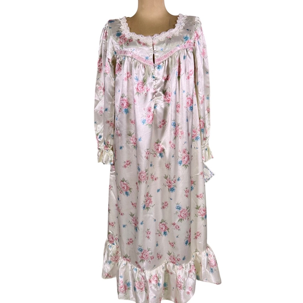 Vtg NWT Amanda Stewart Nightgown Small Petite Floral Brushed Satin Lace Ruffle